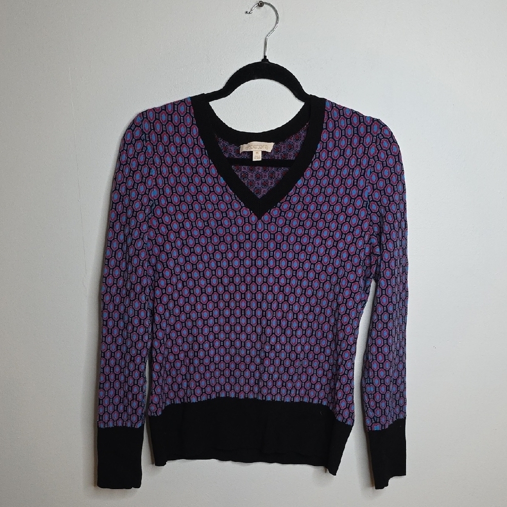 Etcetera Red,blue and Black Patterned V-Neck Sweater Medium